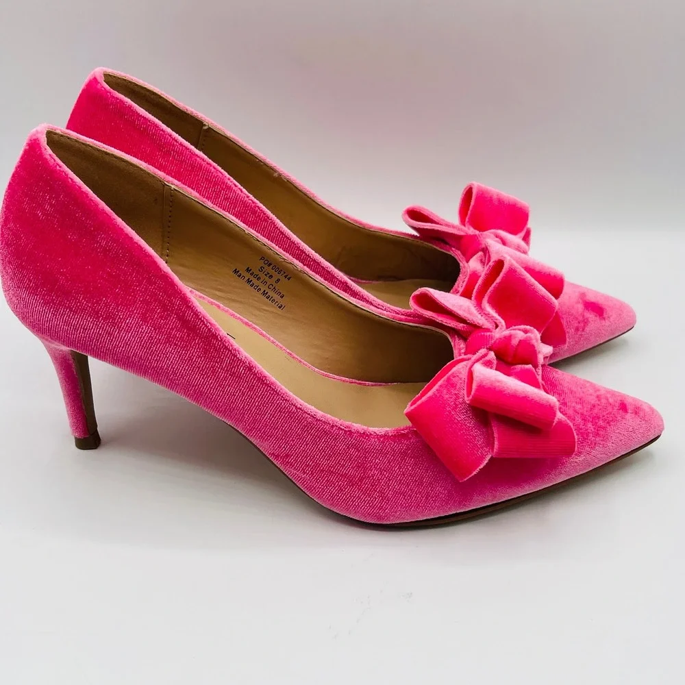 Barbie core Pink Velvet Bow Pointed Toe Kitten Heel Pumps Womens Size 8